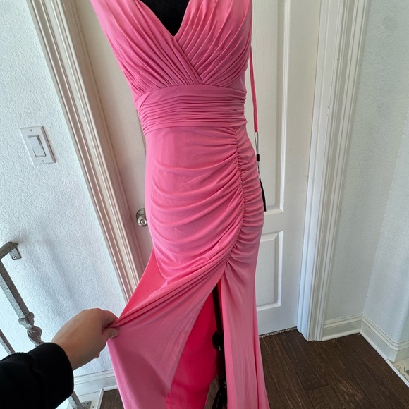 NWT Ieena Mac Duggal Sz 2 Candy Pink Jersey Sleeveless Side Ruched Slit Gown - Picture 8 of 15